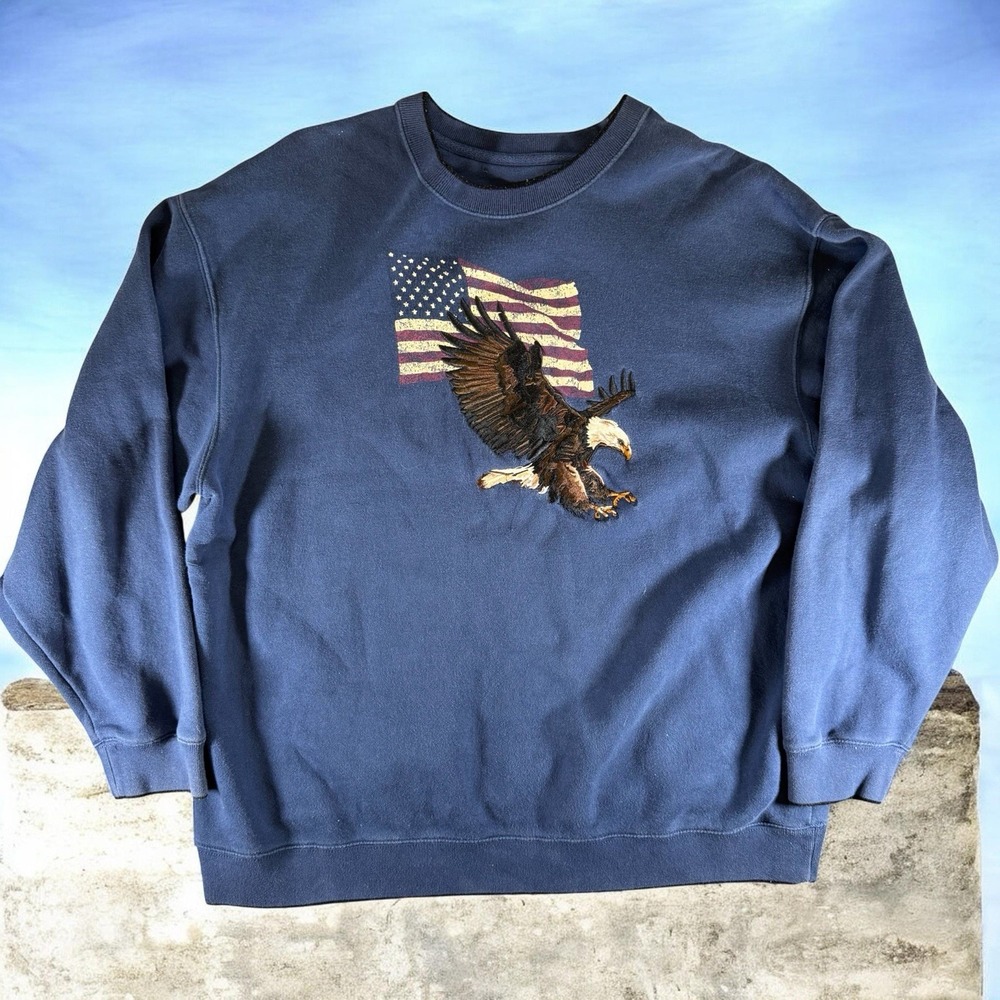 Vintage Embroidered Bald Eagle American Flag Sweatshirt Navy Blue XL Y2K
